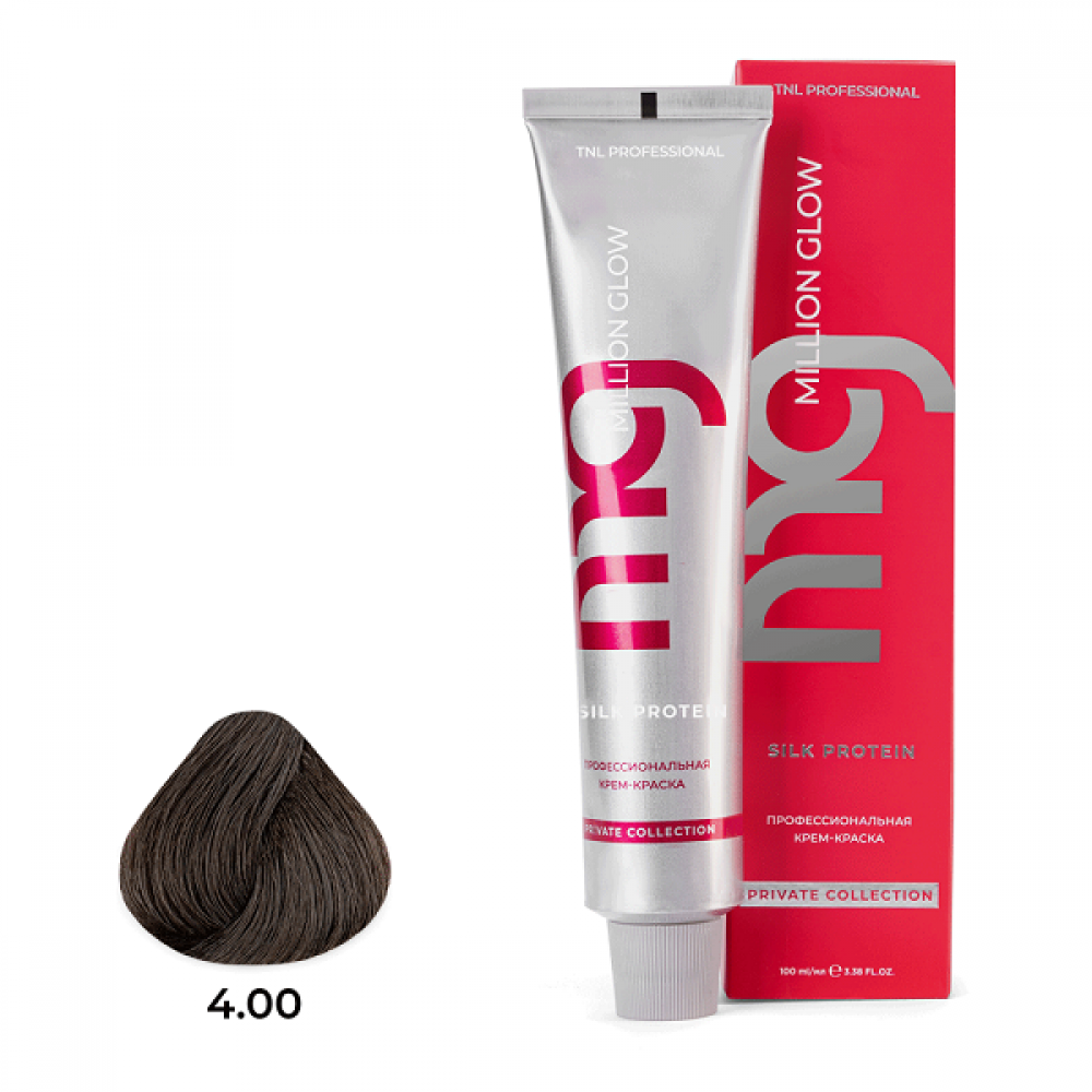 Крем-краска для волос TNL Million glow Private collection Silk protein оттенок 4.00 коричневый интенсивный, 100ml